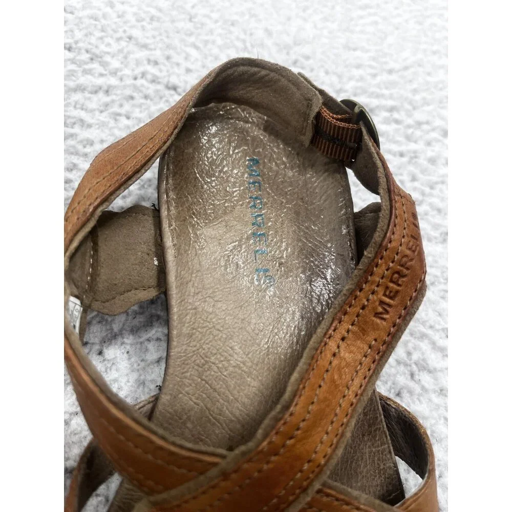 Women's Merrell Bassoon Tan Leather Strappy Open Toe Buckle Sandals Size 8 - Picture 3 of 10